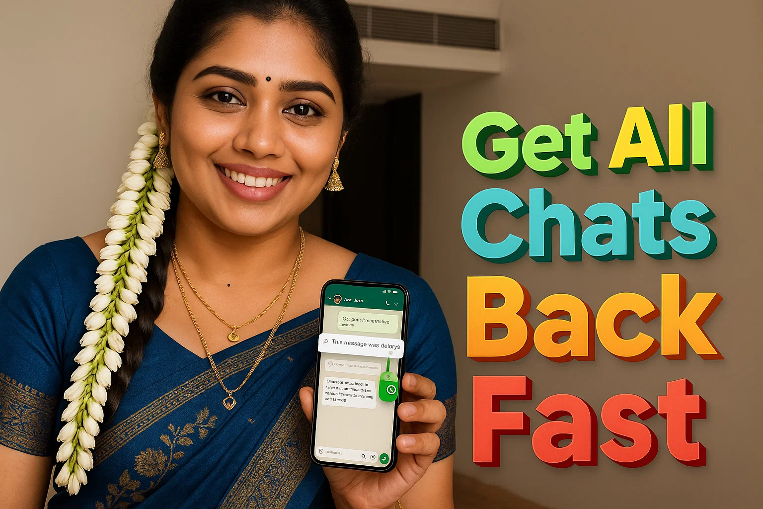 A smiling woman with dark hair adorned with a long string of white jasmine flowers stands against a light-colored wall, holding up a smartphone. She is wearing a dark blue traditional Indian saree with gold patterns and gold earrings, and a gold necklace. The smartphone screen displays a WhatsApp chat interface with a message that reads "This message was deleted." To the right of the woman, large, colorful text in green, teal, black, and orange reads "Get All Chats Back Fast.