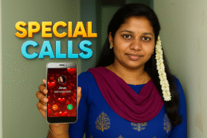 Indian woman holding a smartphone showing a dynamic caller screen with heart effects, standing indoors with jasmine flowers in her hair and ‘SPECIAL CALLS’ bold 3D text beside her.