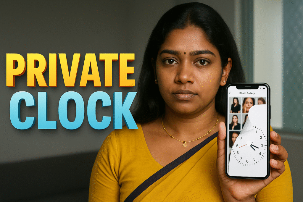 Indian woman holding a smartphone showing a hidden photo vault with clock interface, alongside bold 3D PRIVATE CLOCK text