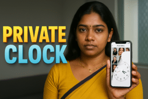 Indian woman holding a smartphone showing a hidden photo vault with clock interface, alongside bold 3D PRIVATE CLOCK text