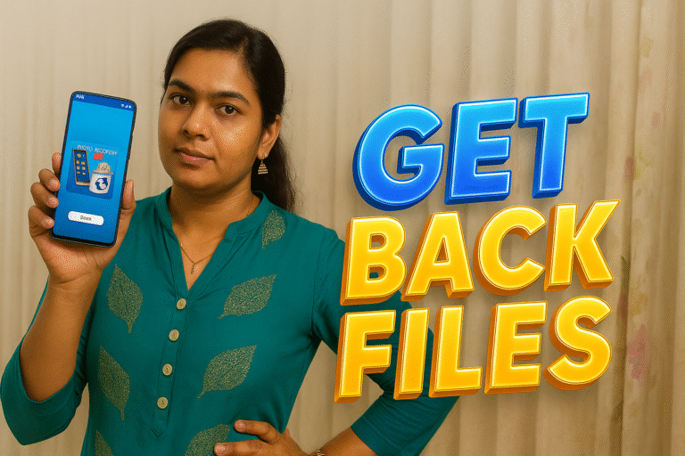South Asian woman holding a smartphone showing a photo recovery app with bold 3D text “GET BACK FILES” on the side