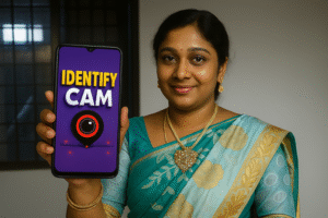 South Asian woman holding a smartphone displaying bold 3D text “IDENTIFY CAM” for hidden camera detector article