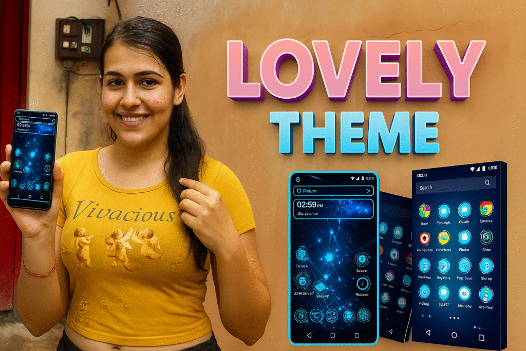 Indian woman showing mobile with Technology Launcher screen and LOVELY THEME text, stylish futuristic app theme preview, 1200×628 featured image