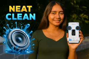 Young Indian woman holding a smartphone showing a speaker cleaning app interface, with bold NEAT CLEAN text and water splash speaker graphic in a 1200×628 featured image.