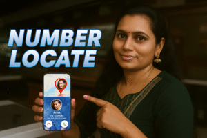 Indian woman pointing at a smartphone showing caller location with bold NUMBER LOCATE text for live mobile number locator app