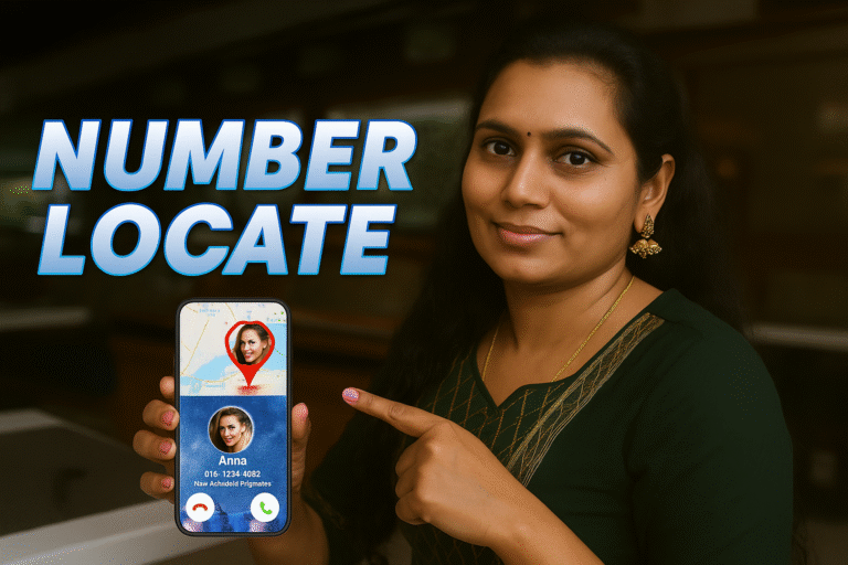 Indian woman pointing at a smartphone showing caller location with bold NUMBER LOCATE text for live mobile number locator app