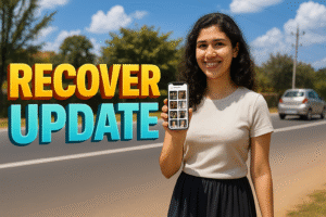 Young Indian woman standing outdoors on a sunny day holding a phone that displays recovered photos, with bold 3D text “RECOVER UPDATE” beside her.