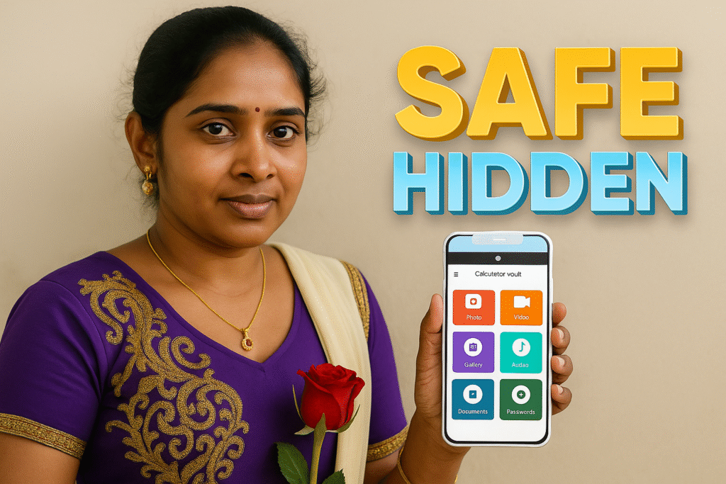 Indian woman holding a smartphone showing the Calculator Vault app, wearing a purple dress, with bold 3D SAFE HIDDEN text on a beige background.