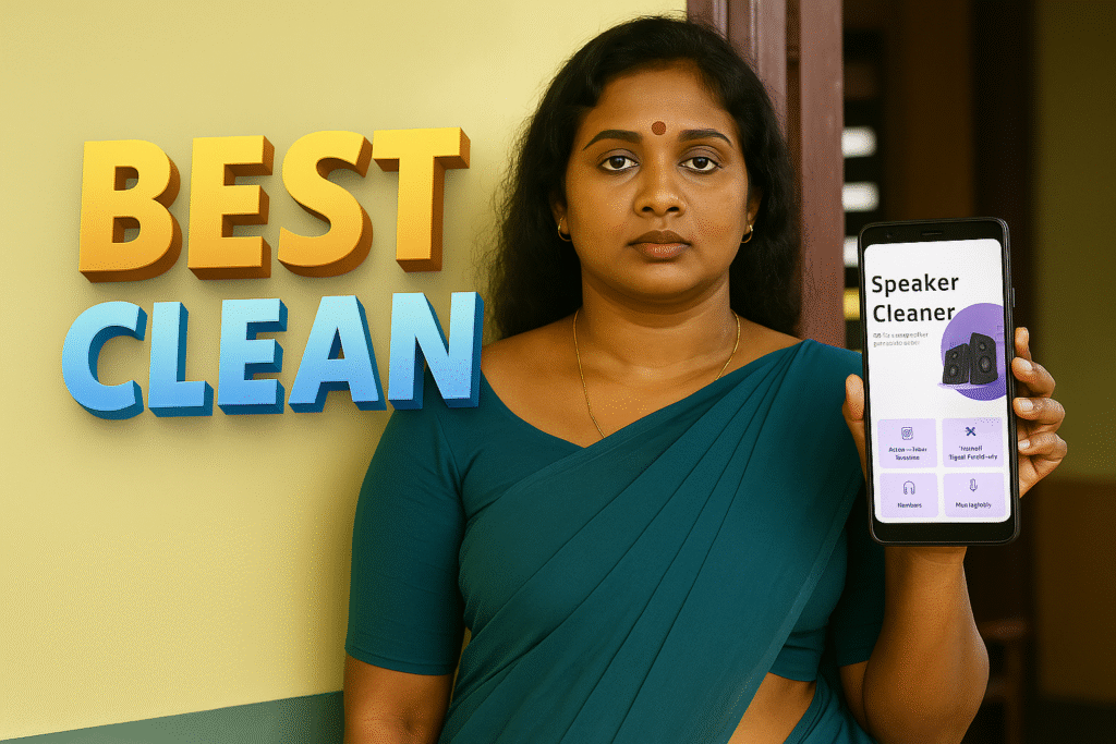 A South Indian woman in a teal saree stands indoors holding a smartphone displaying the Speaker Cleaner app interface. Next to her, bold 3D text in gold and blue reads “BEST CLEAN.” The scene has natural lighting, realistic skin texture, and a clean background suitable for a featured image.
