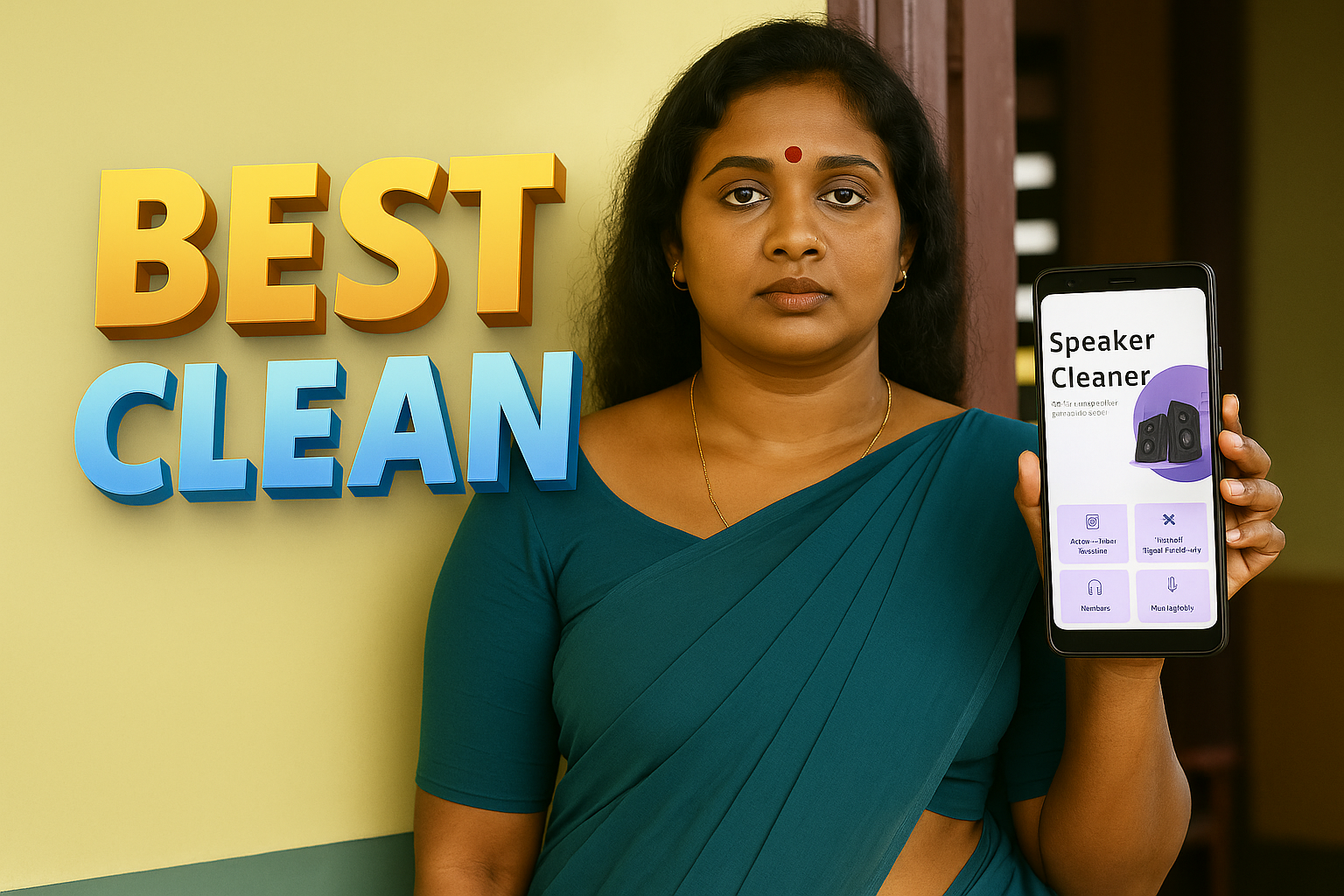 A South Indian woman in a teal saree stands indoors holding a smartphone displaying the Speaker Cleaner app interface. Next to her, bold 3D text in gold and blue reads “BEST CLEAN.” The scene has natural lighting, realistic skin texture, and a clean background suitable for a featured image.