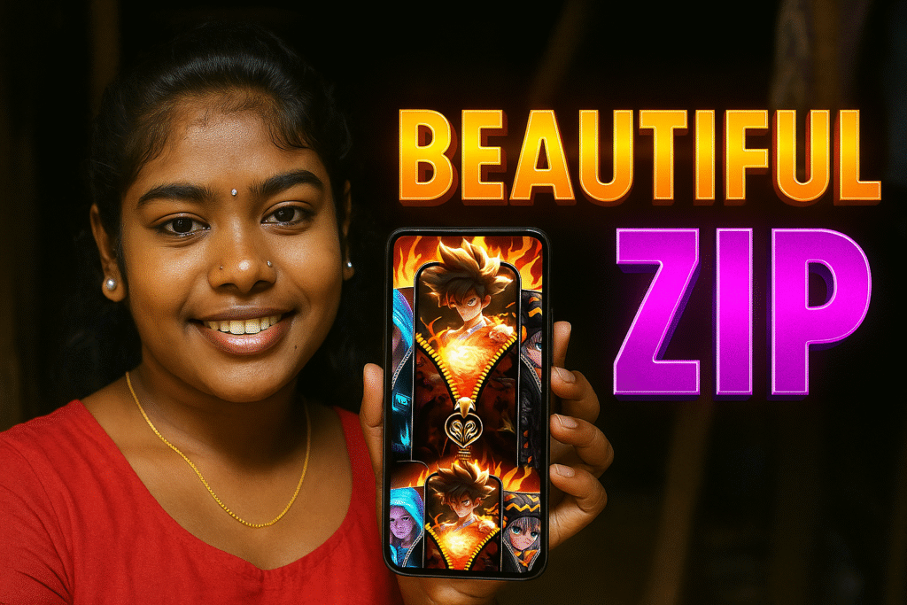 A young South Asian woman smiles warmly indoors while holding a smartphone displaying a fiery anime-style zipper lock screen wallpaper. Next to her, large bold 3D text in gold and purple reads “BEAUTIFUL ZIP.” The image features realistic skin texture, natural lighting, and a clean 16:9 promotional layout suitable for a featured image.