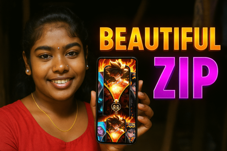 A young South Asian woman smiles warmly indoors while holding a smartphone displaying a fiery anime-style zipper lock screen wallpaper. Next to her, large bold 3D text in gold and purple reads “BEAUTIFUL ZIP.” The image features realistic skin texture, natural lighting, and a clean 16:9 promotional layout suitable for a featured image.