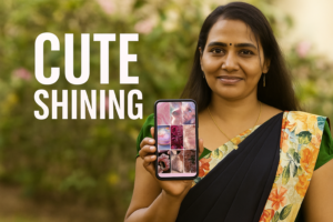 A woman in a saree holding a phone displaying pink glitter wallpapers, with bold text “CUTE SHINING” on a blurred garden background.
