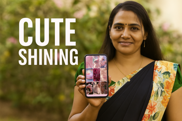 A woman in a saree holding a phone displaying pink glitter wallpapers, with bold text “CUTE SHINING” on a blurred garden background.