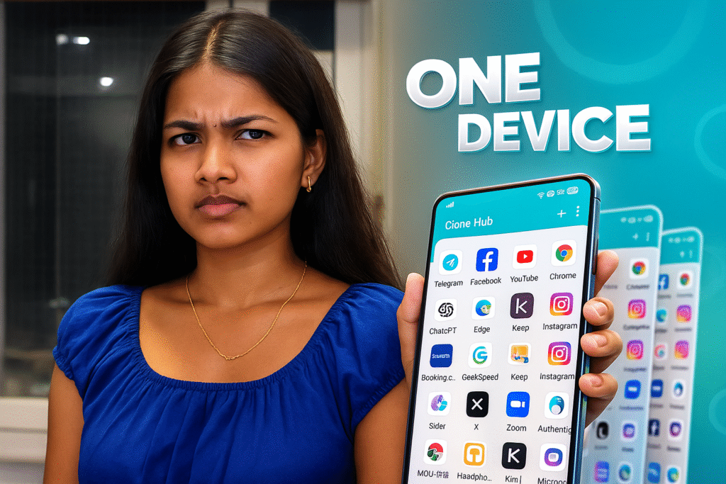 Young Indian woman holding a smartphone showing Clone Hub multi-instance apps with bold ONE DEVICE text on a teal background