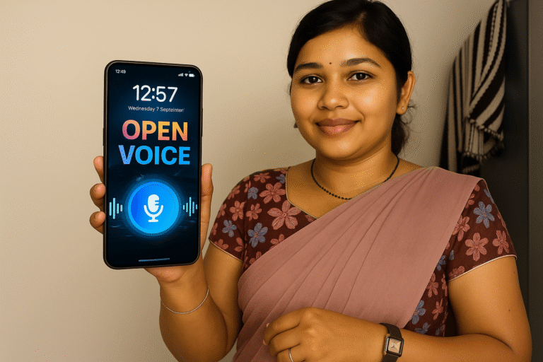 Woman holding a smartphone showing the “OPEN VOICE” voice unlock screen interface for the Voice Lock Screen app.