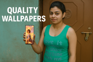 🖼️ 4K Wallpapers 2026 – HDQWalls App Full Review (Clean, Simple English) 13 Young Indian woman holding a smartphone displaying a 4K anime wallpaper with bold text “QUALITY WALLPAPERS” on a featured image