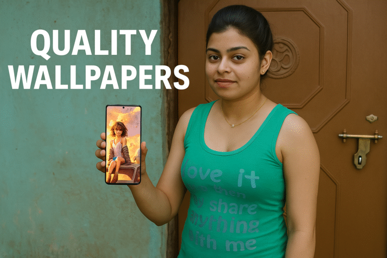 Young Indian woman holding a smartphone displaying a 4K anime wallpaper with bold text “QUALITY WALLPAPERS” on a featured image
