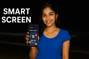 Young Indian woman holding a smartphone showing the XOS Launcher SMART SCREEN feature, nighttime background, 1200×628 promotional image