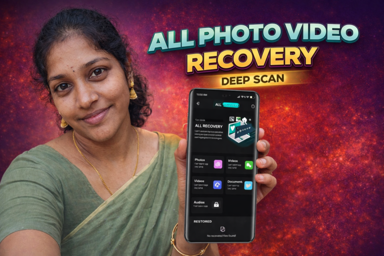 Woman holding smartphone showing all photo video recovery app interface with deep scan option for deleted media recovery in 2026