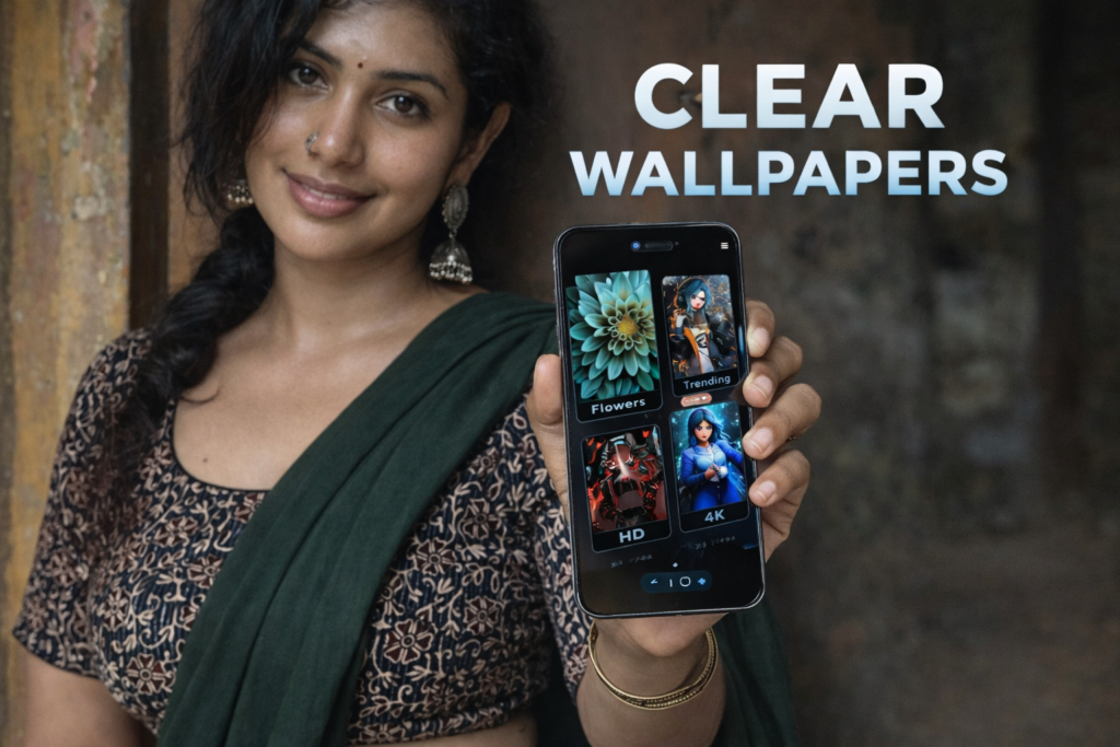 Girl holding smartphone showing clear wallpapers in HD and 4K quality for girls phone 2026