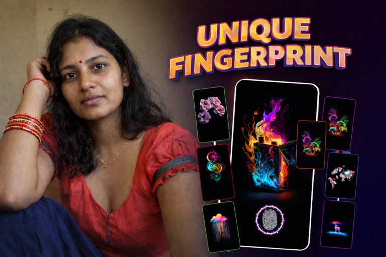 Woman beside smartphone showing display fingerprint lock animation with unique fingerprint visual styles on Android lock screen in 2026