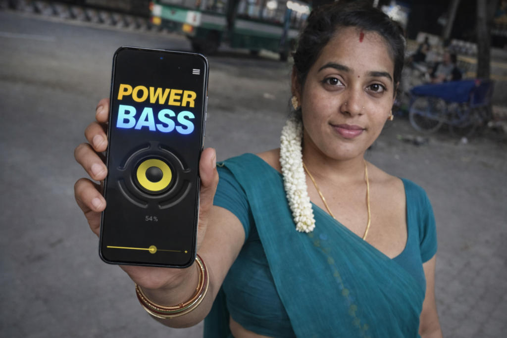 Indian woman holding a smartphone showing POWER BASS mobile volume booster interface with enhanced speaker and bass control