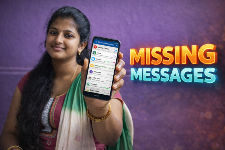 Woman holding an Android phone showing recovered SMS notifications representing missing and deleted messages