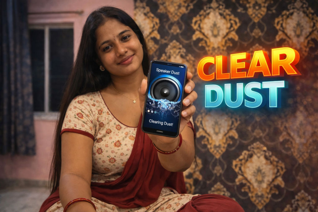 Woman holding an Android phone showing a speaker dust and water cleaning process to clear blocked phone speakers