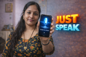 Woman holding an Android phone showing a voice screen lock with microphone icon and speak to unlock prompt