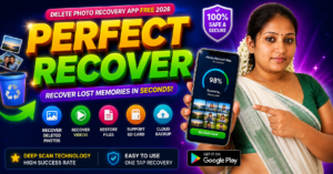 Delete Photo Recovery App Free 2026: What Users Should Know Before Installing Perfect Recover One 2 Woman holding a smartphone with PERFECT RECOVER text showing Android deleted photo recovery app and file restore concept for 2026.