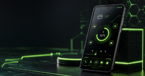 Futuristic smartphone with neon green UI IND shorts apps news