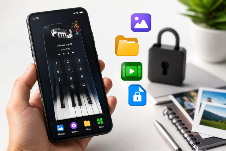 How to Hide a Folder on Android? A Practical Guide Using Piano Vault Hide Apps, Videos 2 Sleek phone with privacy app interface IND shorts apps news