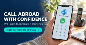 Smartphone with an international calling interface beside a landline and a reminder to check rates before calling.