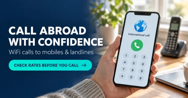 Smartphone with an international calling interface beside a landline and a reminder to check rates before calling.